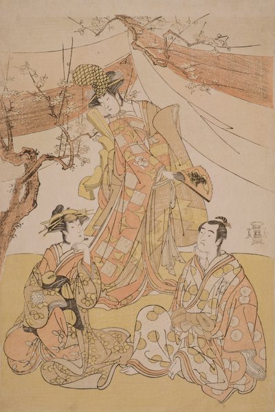 「雪に覆われた竹：長袖の源氏」の場面に登場する3人の俳優、1785年（版画） 作： Yushido Shunsho